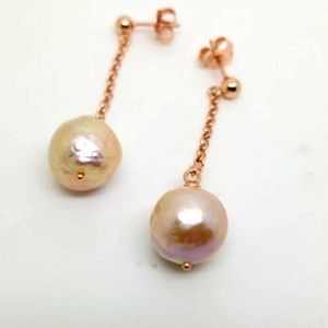 New Kasumiga Drop Dangle  Pink 11-12mm Baroque Pearl Earring 18KP SS